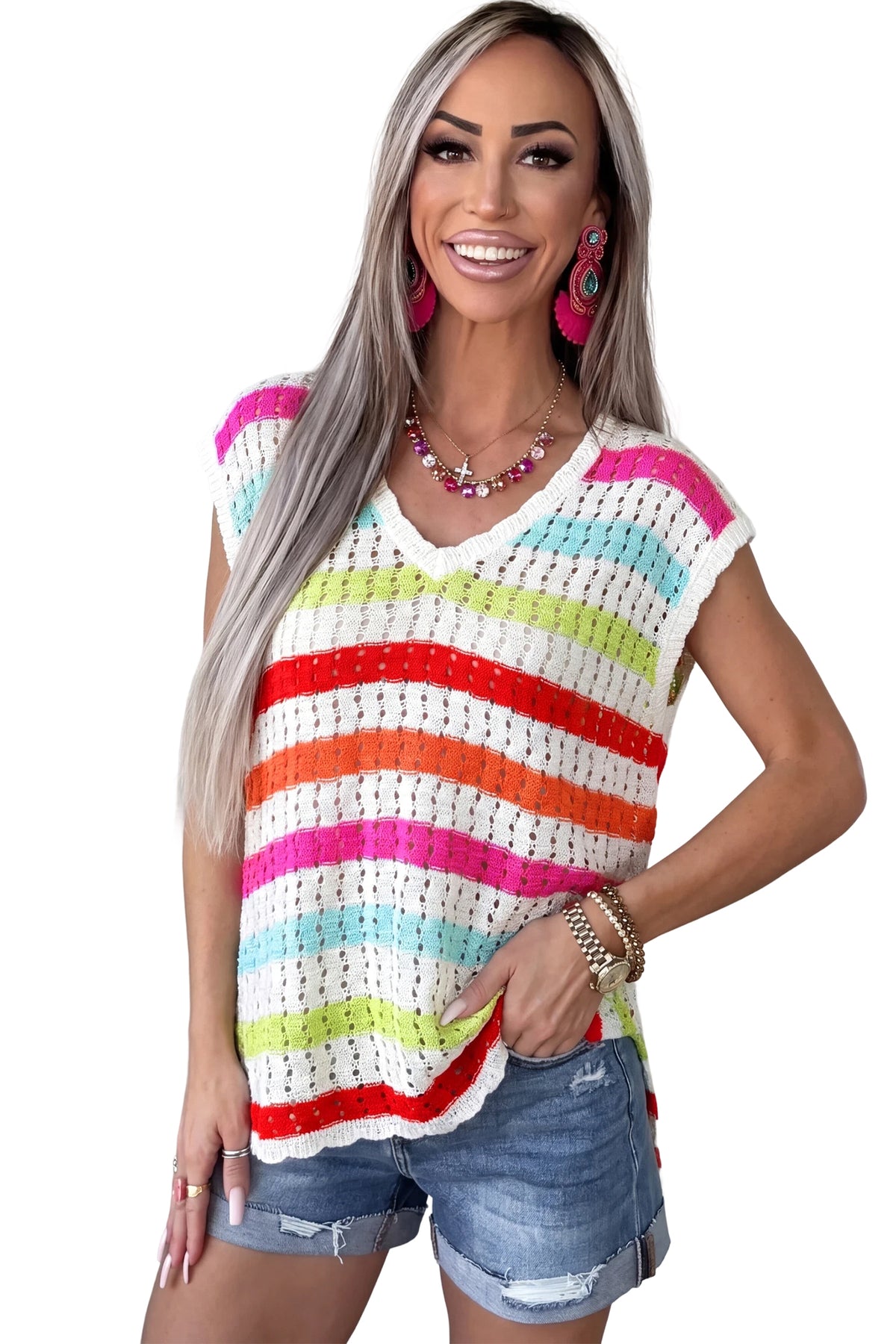 KaleaBoutique Stylish Striped Eyelet Knit V Neck Sweater Tee - KaleaBoutique.com