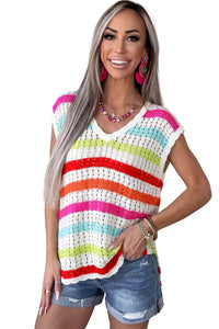 KaleaBoutique Stylish Striped Eyelet Knit V Neck Sweater Tee - KaleaBoutique.com