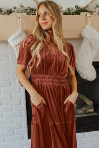 KaleaBoutique Stylish Velvet Short Sleeve Shirred Waist Tiered Maxi Dress - KaleaBoutique.com