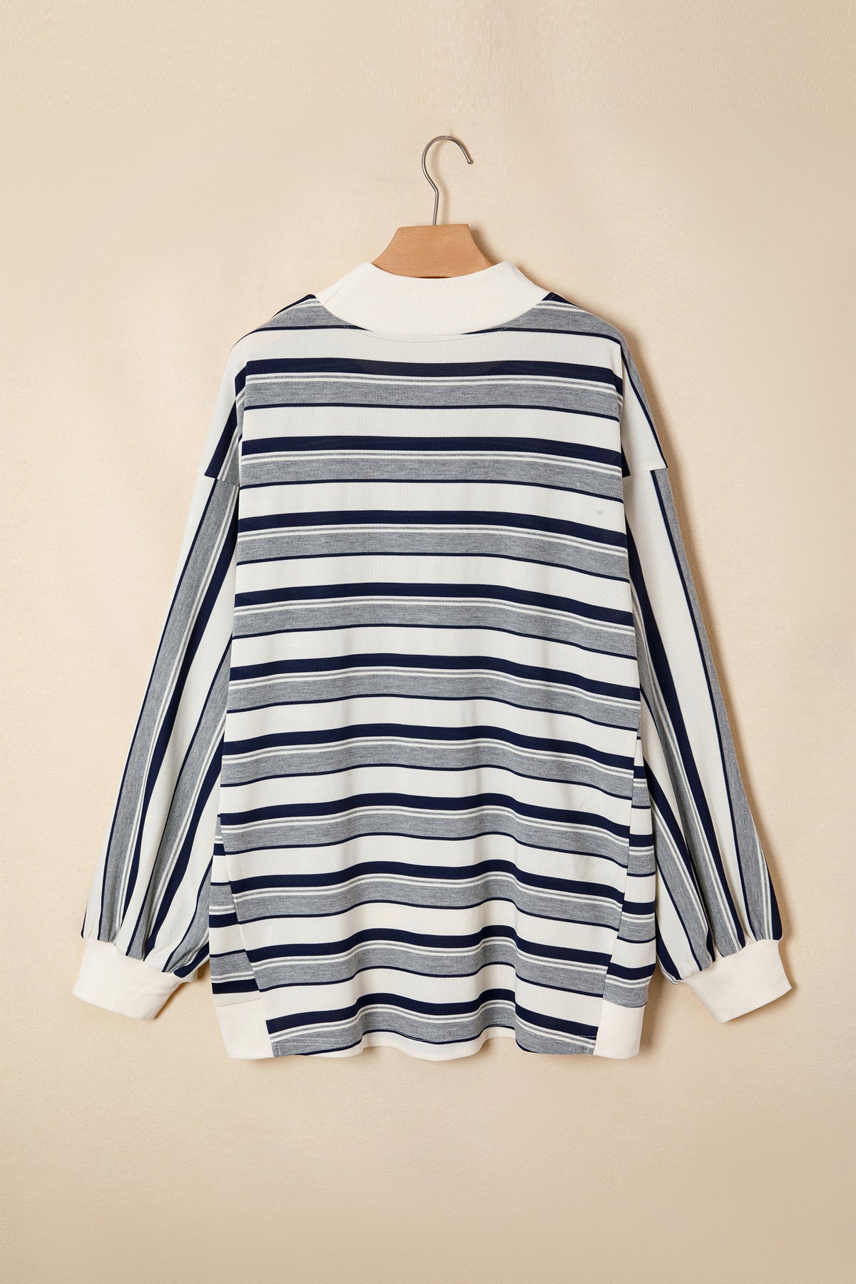 KaleaBoutique Stylish Striped Ribbed Stand Neck Long Sleeve Shift Silhouette Sweatshirt - KaleaBoutique.com