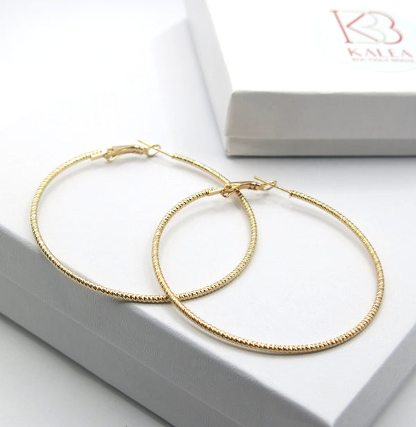 16K Yellow Plated Hoop Earrings, Hypoallergenic Hooped Studs, Omega Latch Back Stud 60 MM Hoop Earrings - KaleaBoutique.com