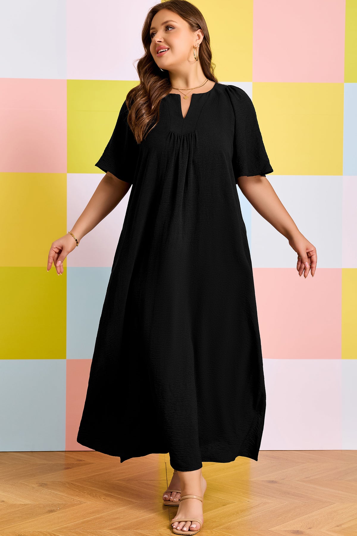 Black Plus Size Notched-Neck Short Sleeve Relaxed Dress - KaleaBoutique.com