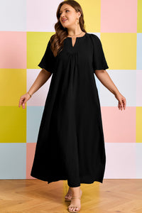 Black Plus Size Notched-Neck Short Sleeve Relaxed Dress - KaleaBoutique.com