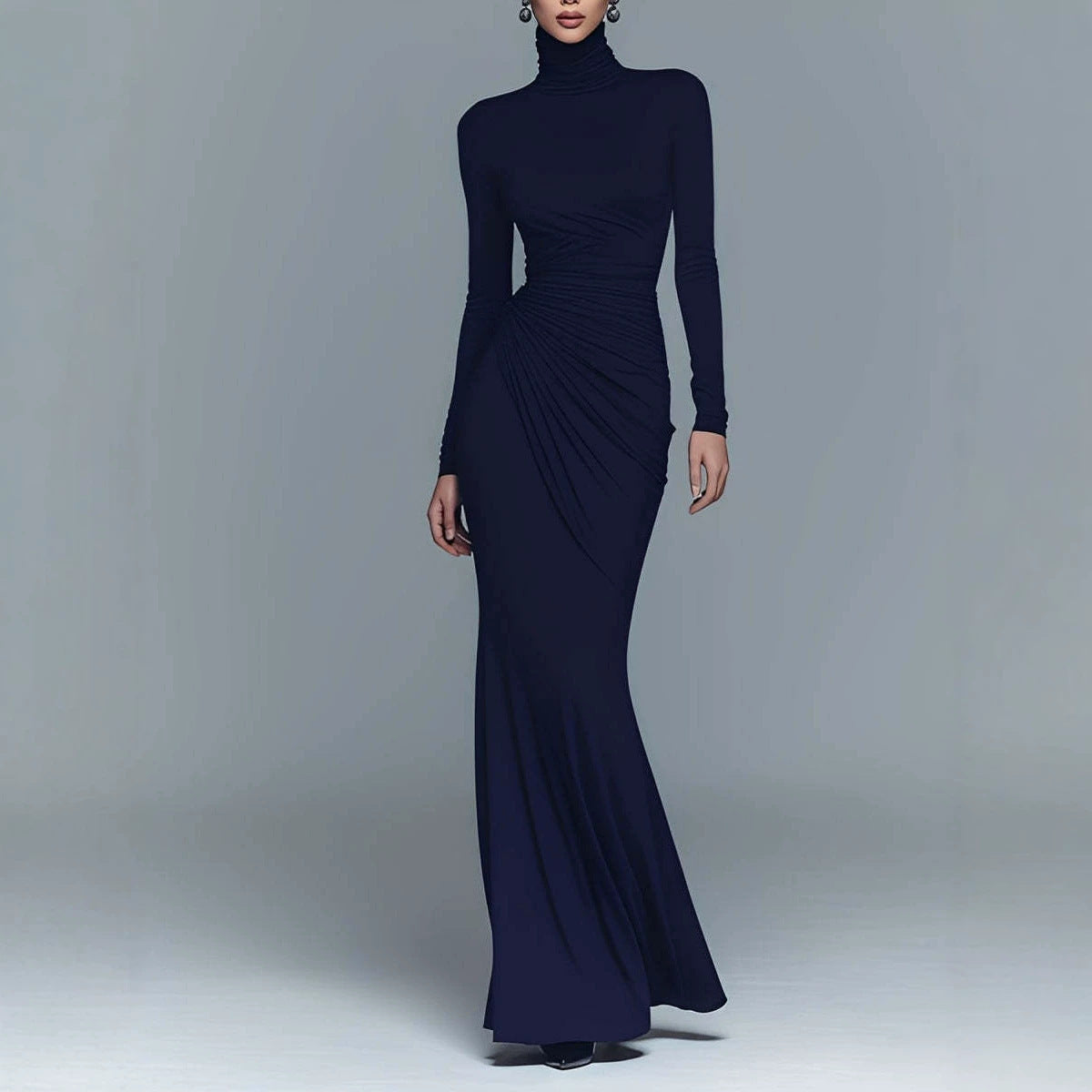 Navy Blue Stretch Turtleneck Draped Long Dress - KaleaBoutique.com