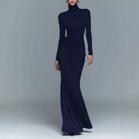Navy Blue Stretch Turtleneck Draped Long Dress - KaleaBoutique.com