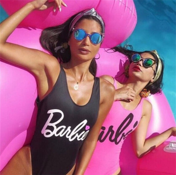 Women Scoop-Neck Script Graphic Barbie Doll Inspired One-Piece Swimsuit - KaleaBoutique.com
