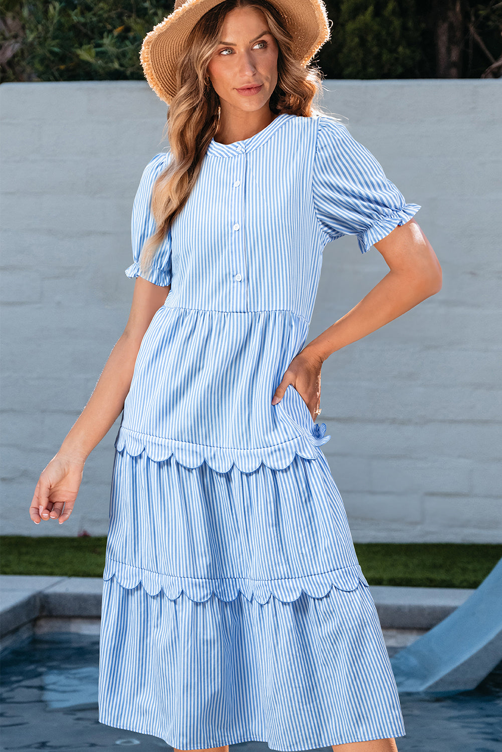 Bubble Short Sleeve Tiered Scallop Long Dress - KaleaBoutique.com