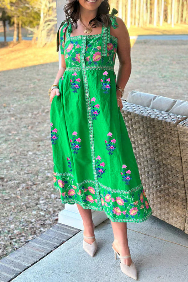 KaleaBoutique Beautiful Floral Print Contrast Trim Knotted Straps Midi Dress - KaleaBoutique.com
