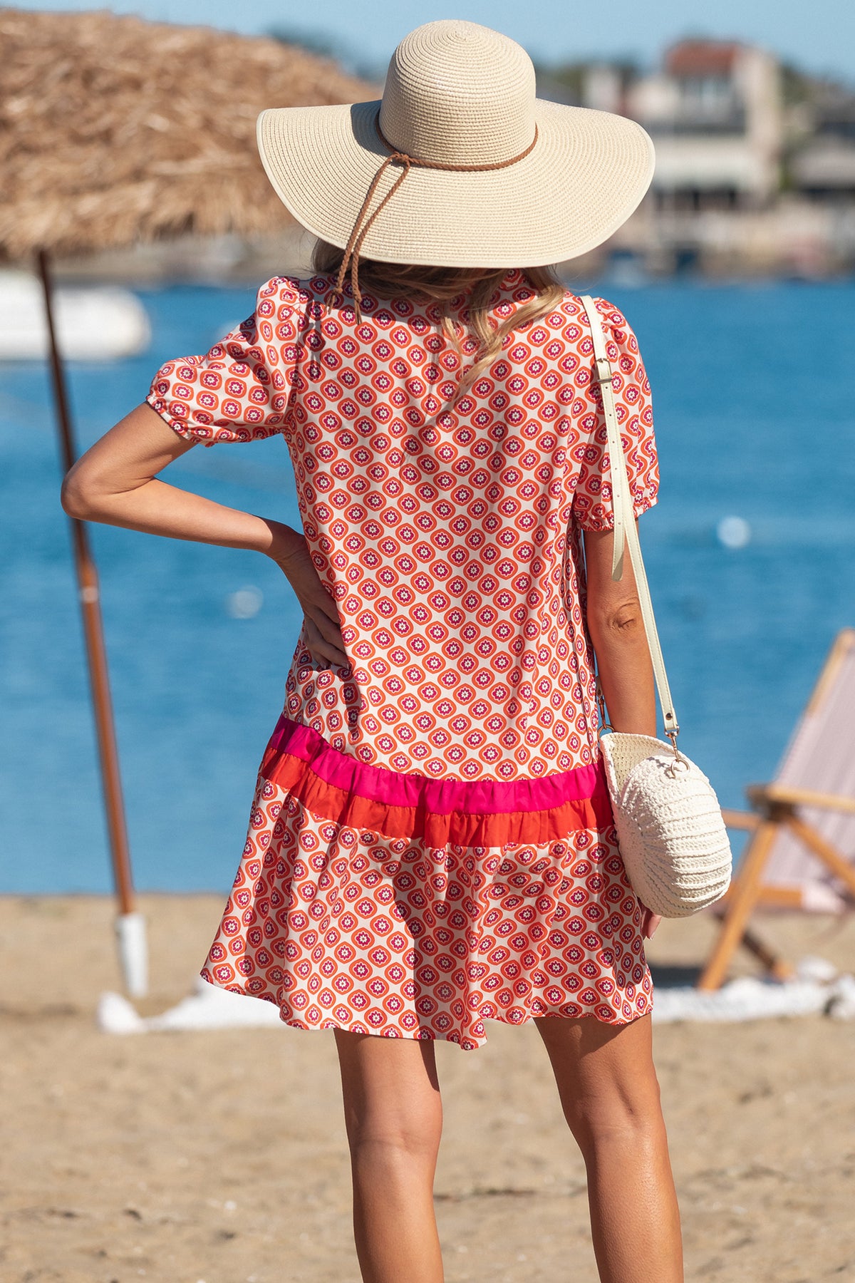 KaleaBoutique Stylish Geometric Floral Print Color Block Trim Button Front Ruffle Hem Dress - KaleaBoutique.com