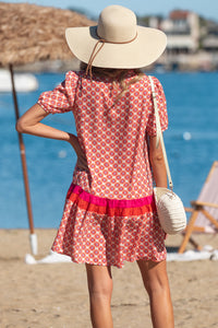 KaleaBoutique Stylish Geometric Floral Print Color Block Trim Button Front Ruffle Hem Dress - KaleaBoutique.com