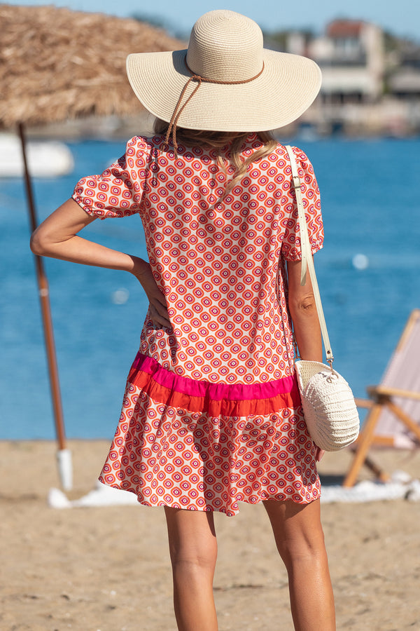 KaleaBoutique Stylish Geometric Floral Print Color Block Trim Button Front Ruffle Hem Dress - KaleaBoutique.com