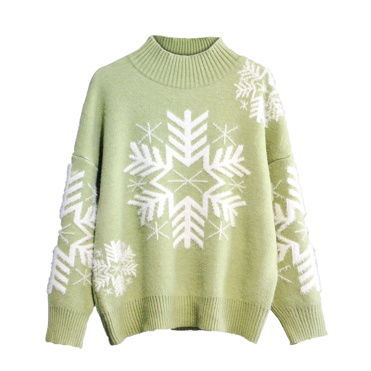 Women's Large Snowflake Oversized Mock-Neck Christmas Fuzzy Sweater - KaleaBoutique.com