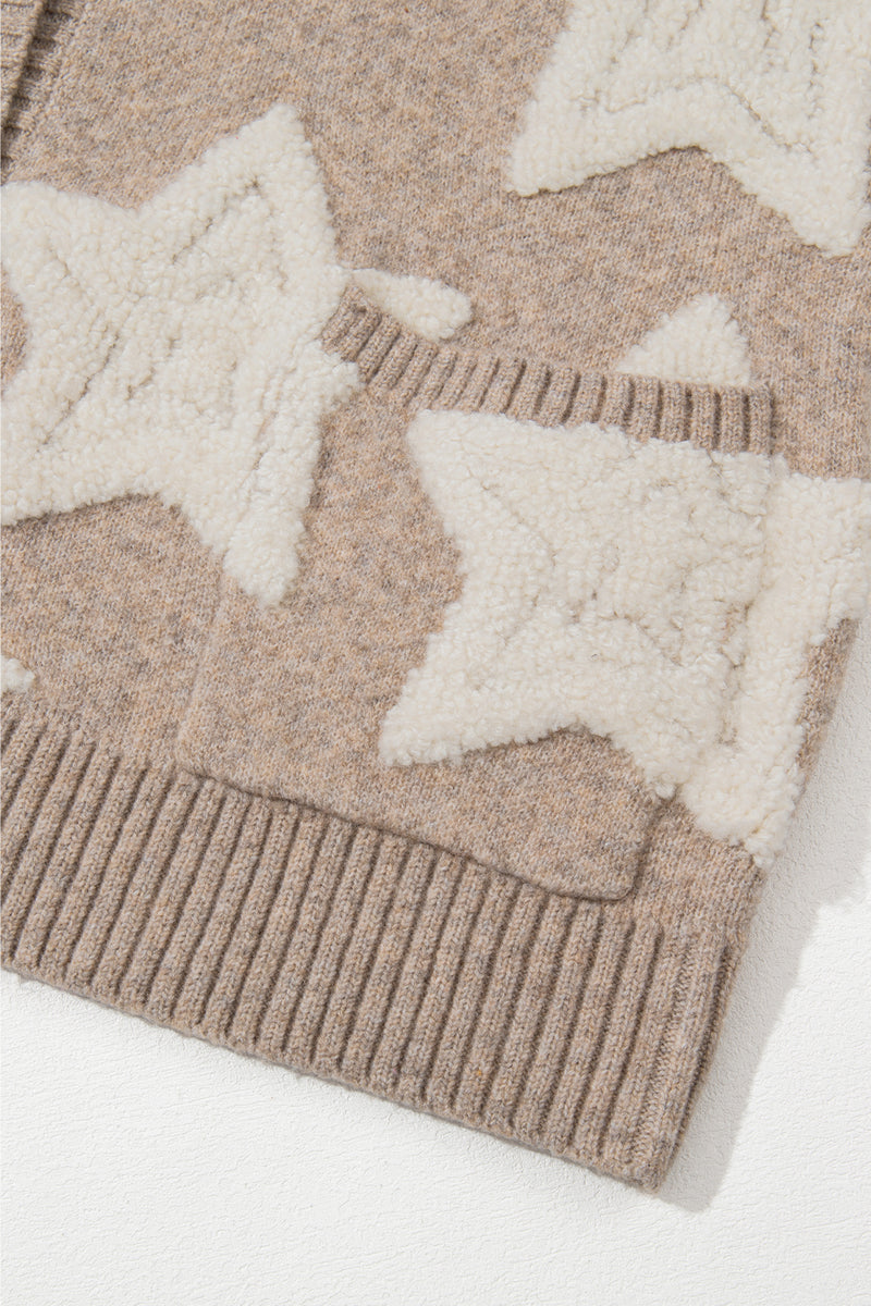 KaleBoutique Stylish Sherpa Star Pattern Textured Sweater Cardigan with Pockets - KaleaBoutique.com