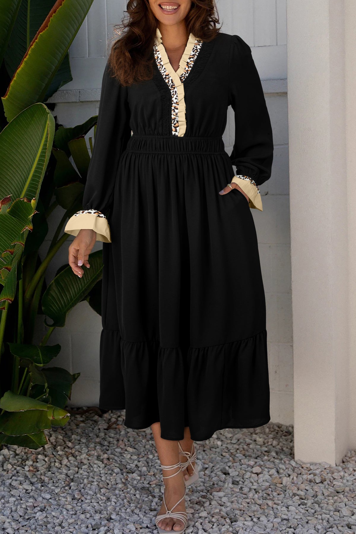 Contrast Leopard Frilled Trim V Neck Bracelet Sleeve Midi Dress - KaleaBoutique.com