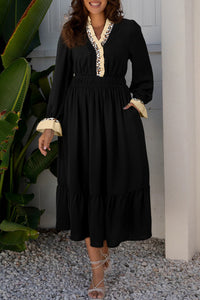 Contrast Leopard Frilled Trim V Neck Bracelet Sleeve Midi Dress - KaleaBoutique.com