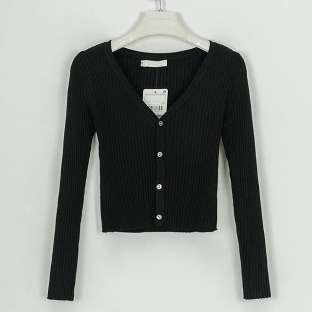 Women's Ribbed V-Neck Button-Front Cropped Cardigan - KaleaBoutique.com