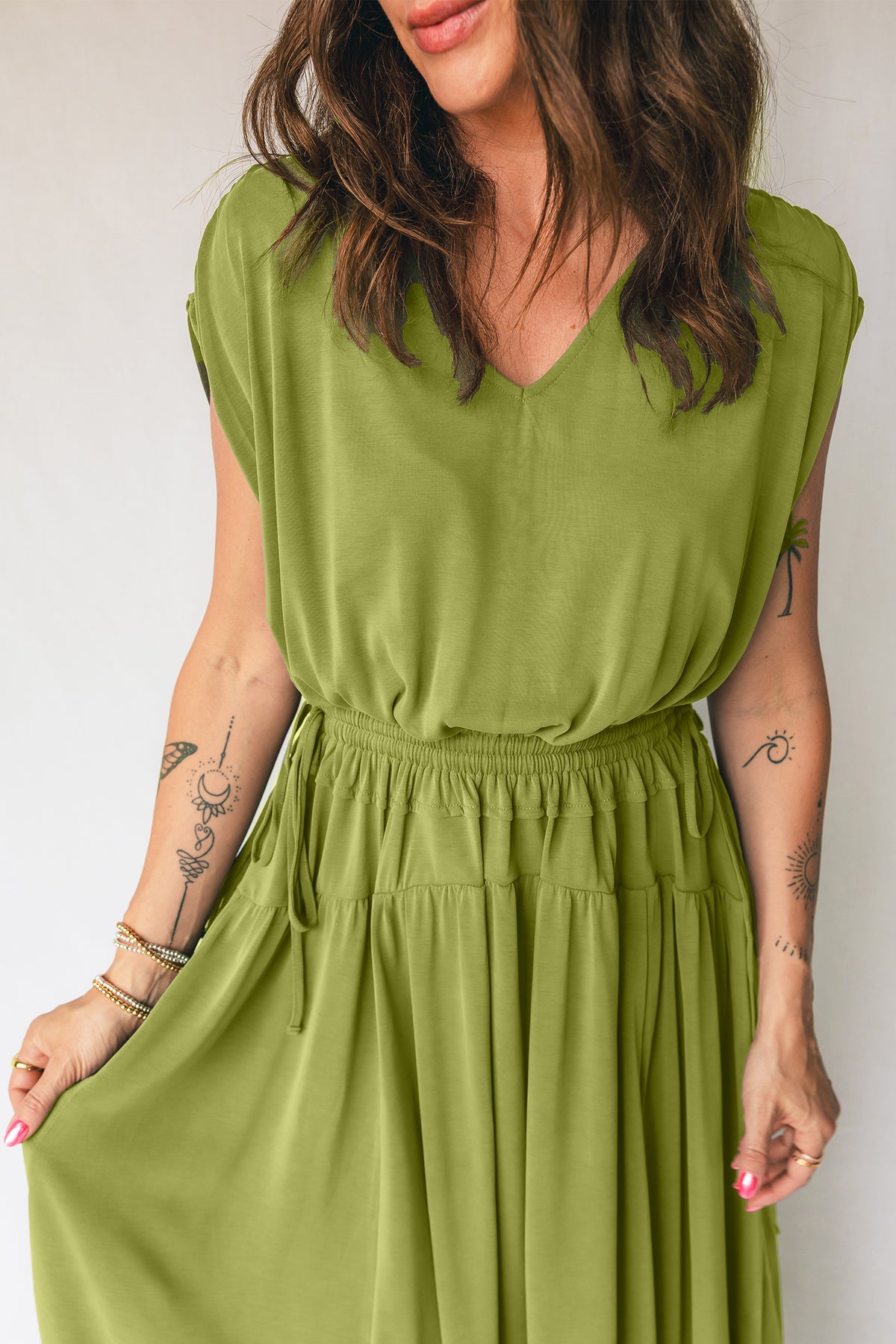KaleaBoutique Comfortable Solid V Neck Cap Sleeve Tunic Elastic Waist Versatile Maxi Dress - KaleaBoutique.com