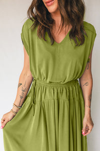 KaleaBoutique Comfortable Solid V Neck Cap Sleeve Tunic Elastic Waist Versatile Maxi Dress - KaleaBoutique.com