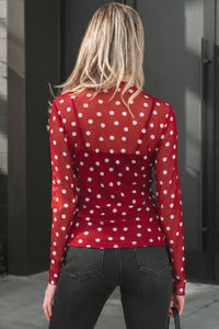 KaleaBoutique Stylish Polka Dot Patterned Bodycon Mock Neck Mesh Long Sleeve Top - KaleaBoutique.com