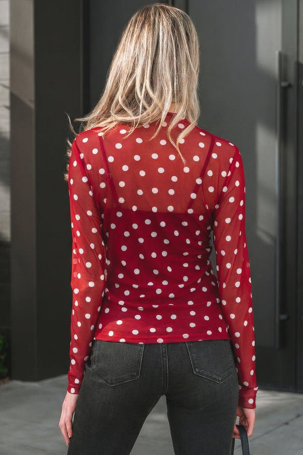 KaleaBoutique Stylish Polka Dot Patterned Bodycon Mock Neck Mesh Long Sleeve Top - KaleaBoutique.com