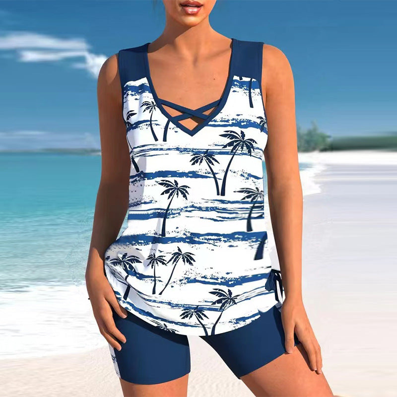Women's Printed Crisscross Swim Top and Shorts 2 PC Tankini Set - KaleaBoutique.com