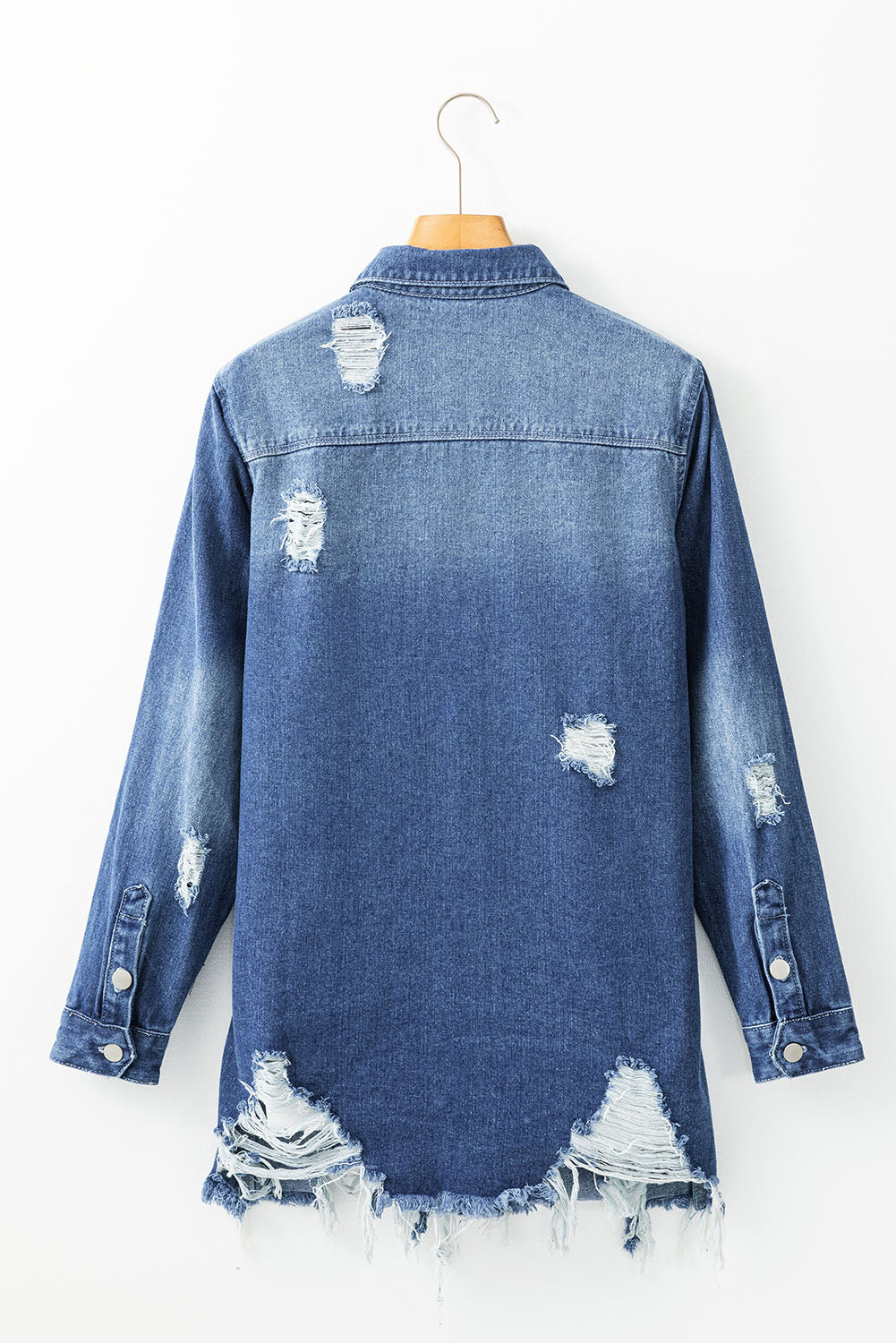 Light Wash Distressed Frayed Long Denim Jacket - KaleaBoutique.com