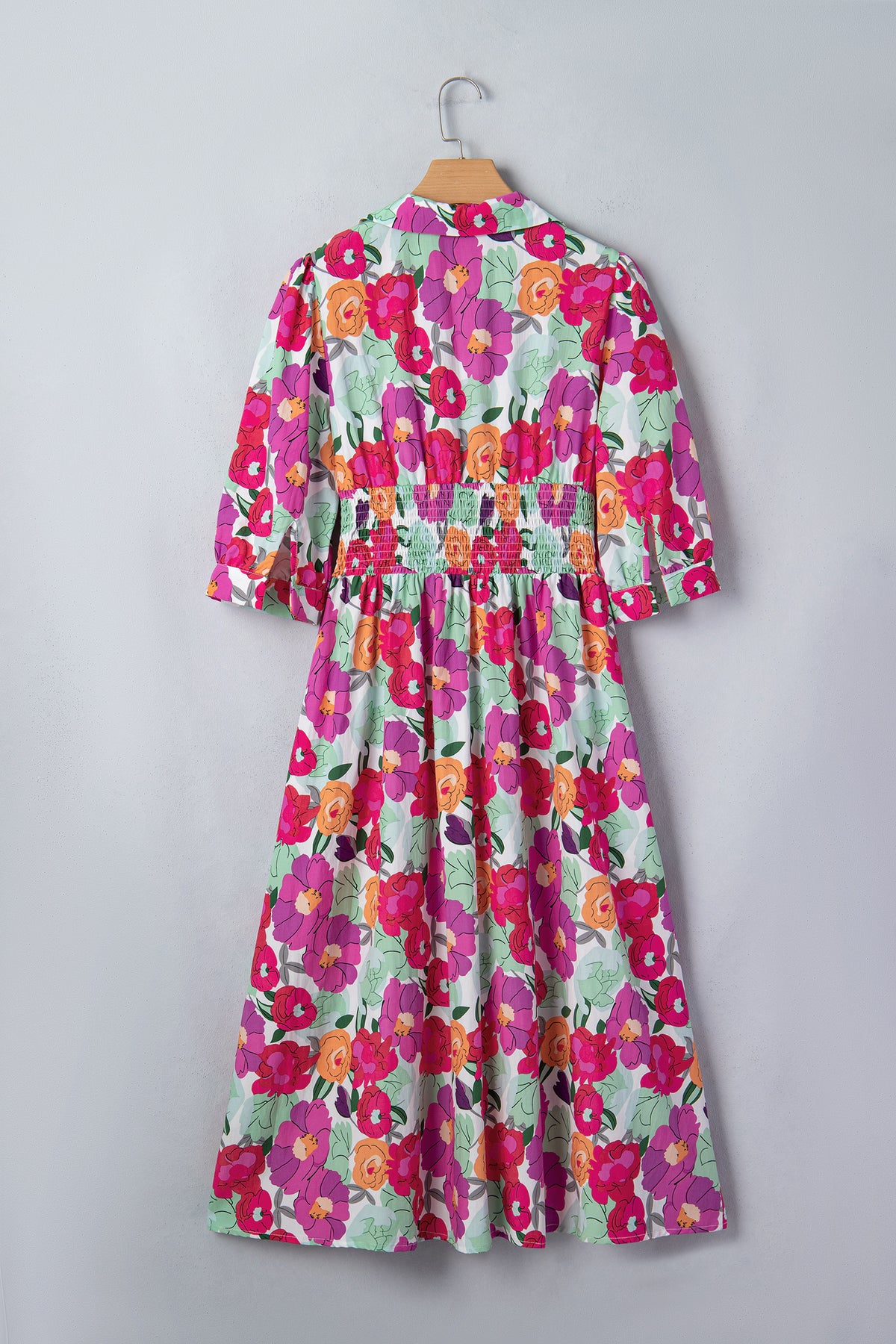 KaleaBoutique Stylish Vibrant Floral Print V Neck Zip Up Puffy Half Sleeve Dress - KaleaBoutique.com