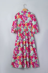 KaleaBoutique Stylish Vibrant Floral Print V Neck Zip Up Puffy Half Sleeve Dress - KaleaBoutique.com