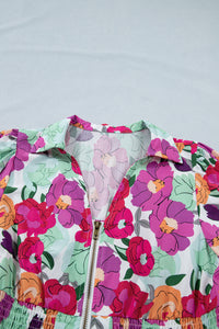KaleaBoutique Stylish Vibrant Floral Print V Neck Zip Up Puffy Half Sleeve Dress - KaleaBoutique.com