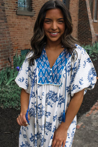 KaleaBoutique Comfortable Boho Abstract Print Contrast Trim V Neck Tassel Tie Dress - KaleaBoutique.com