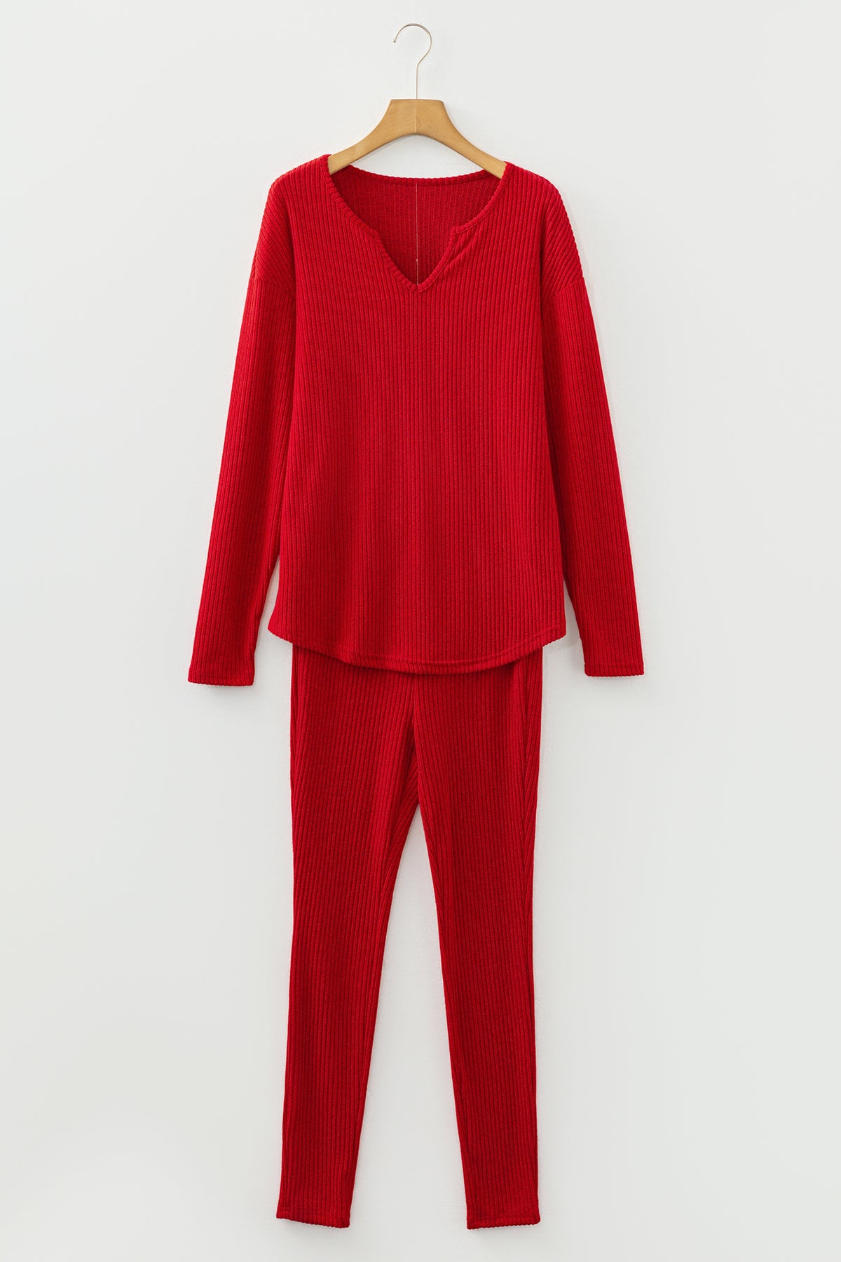 KaleaBoutique Comfortable Ribbed Notched Neck Knit Long Sleeve Leggings Two Pieces Lounge Set - KaleaBoutique.com