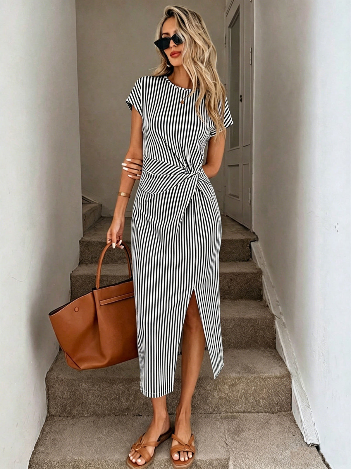 Women's Striped Short-Sleeve Twist-Waist Slit Midi Dress - KaleaBoutique.com