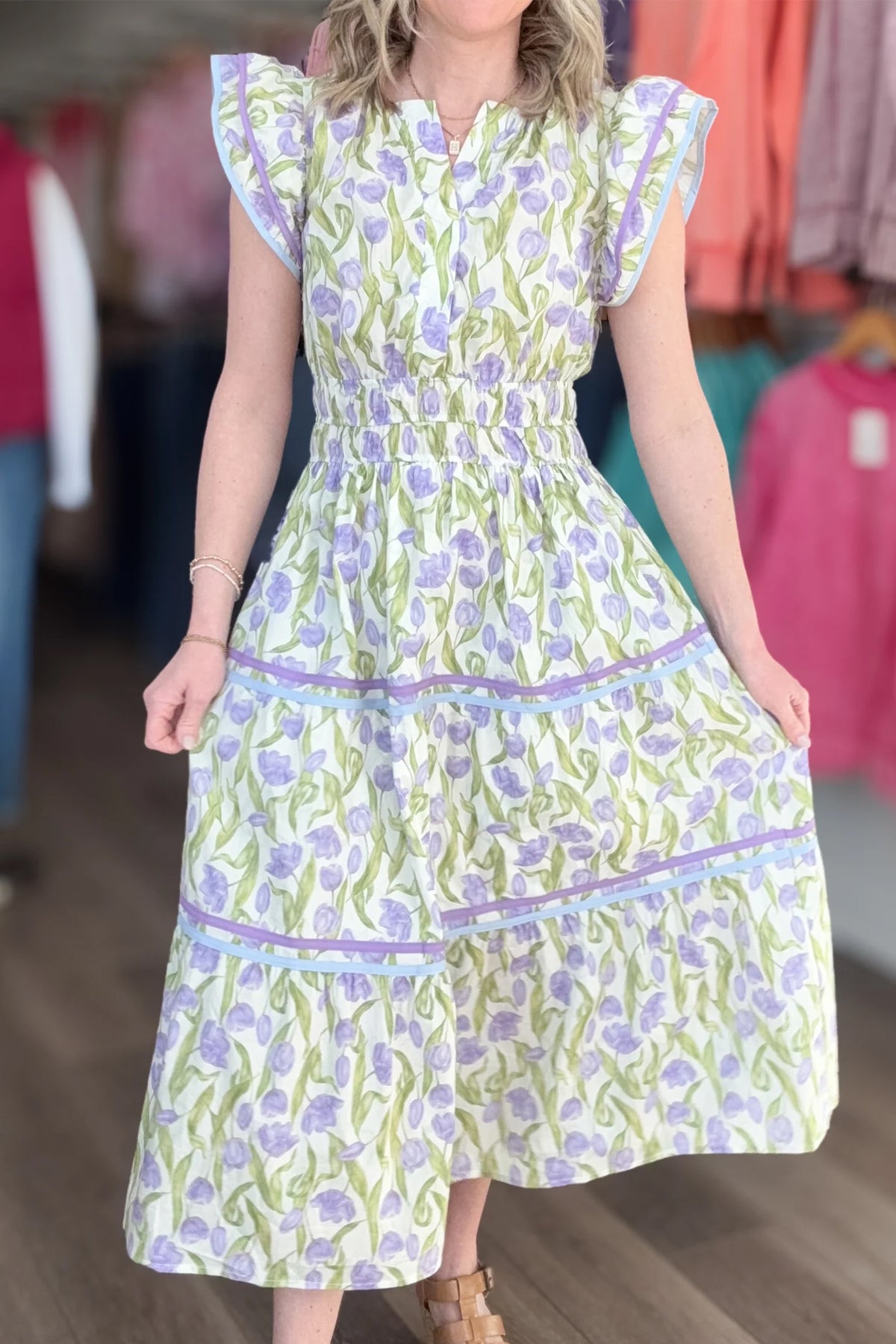 KaleaBoutique Comfortable Tulip Floral Print Contrast Trim Midi Dress - KaleaBoutique.com