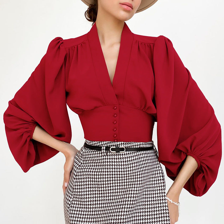 OOTN Elegant White Blouse Women Shirt Top Female Tunic V Neck Button Down Chic Casual Wine Red Blouse Lantern Sleeve Ladies - KaleaBoutique.com