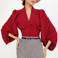 OOTN Elegant White Blouse Women Shirt Top Female Tunic V Neck Button Down Chic Casual Wine Red Blouse Lantern Sleeve Ladies - KaleaBoutique.com