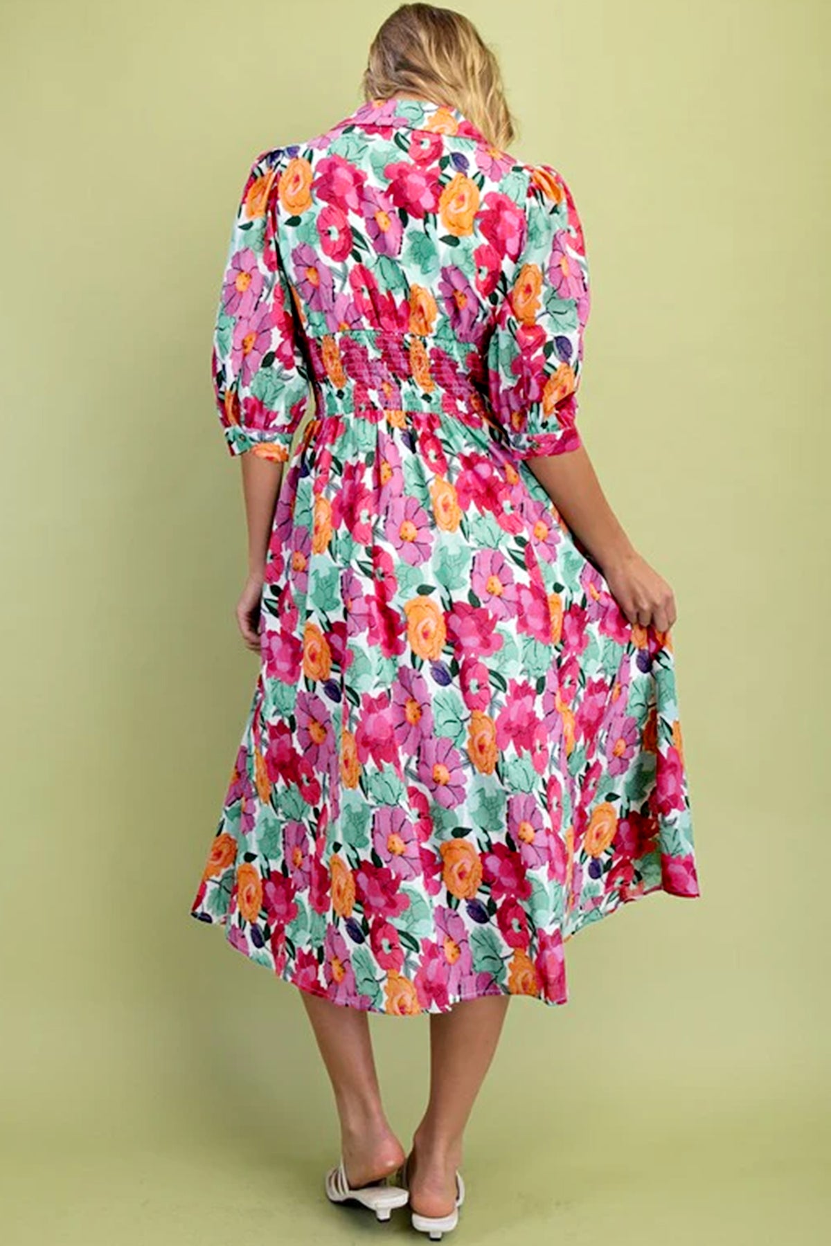 KaleaBoutique Stylish Vibrant Floral Print V Neck Zip Up Puffy Half Sleeve Dress - KaleaBoutique.com