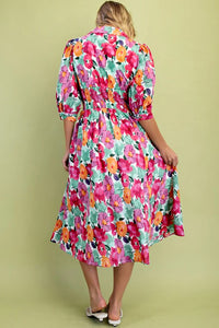 KaleaBoutique Stylish Vibrant Floral Print V Neck Zip Up Puffy Half Sleeve Dress - KaleaBoutique.com