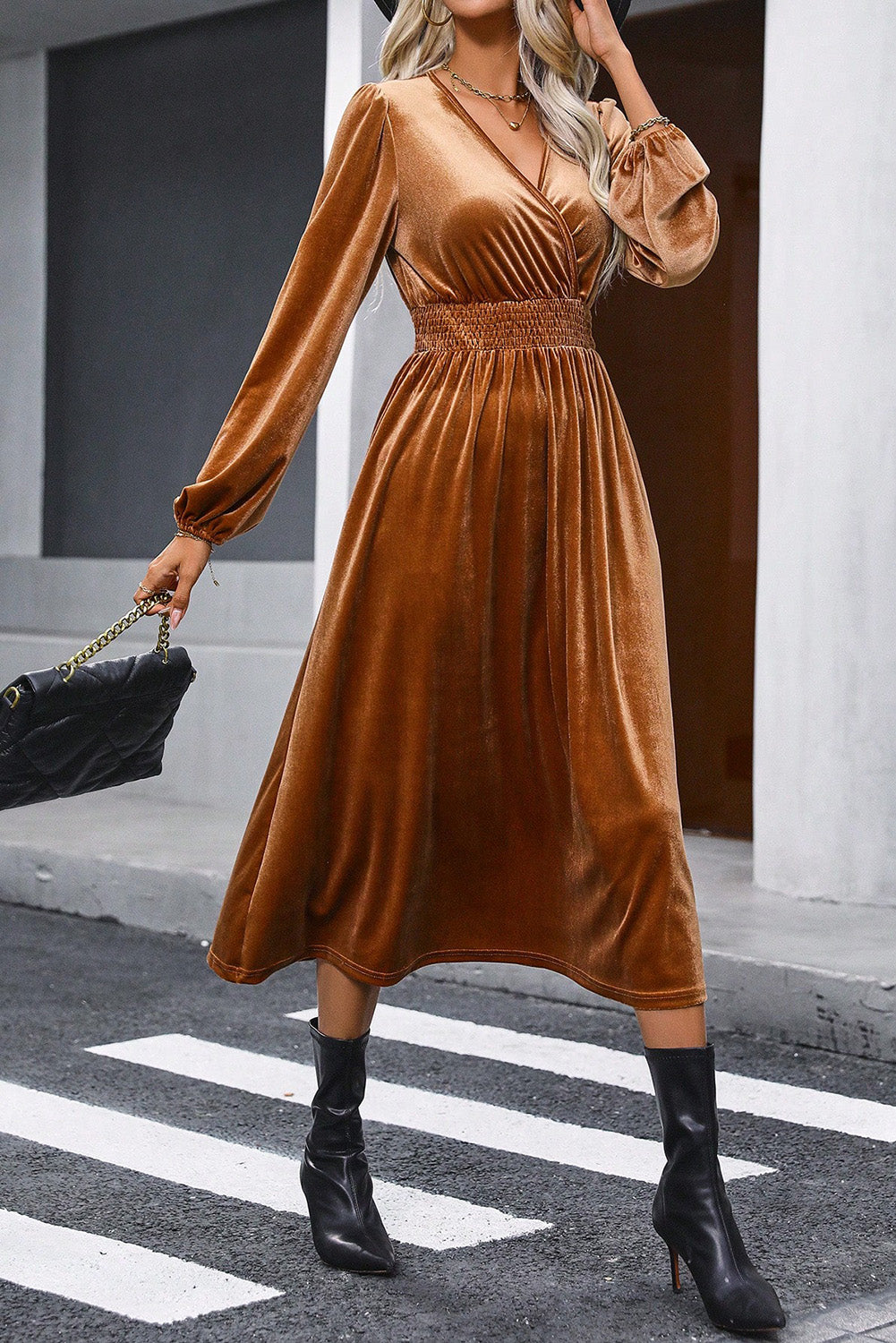 smocked velvet midi dress New Traditions Velvet Midi Dress The Sassy Owl Boutique