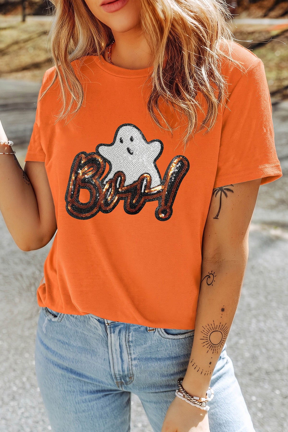Orange Sequin Ghost Halloween Short Sleeve Graphic Tee - KaleaBoutique.com