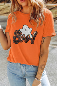 Orange Sequin Ghost Halloween Short Sleeve Graphic Tee - KaleaBoutique.com