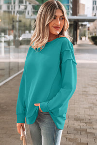 KaleaBoutique Stylish Horizontal Ribbed Exposed Seam Detail Drop Shoulder Baggy Pullover - KaleaBoutique.com