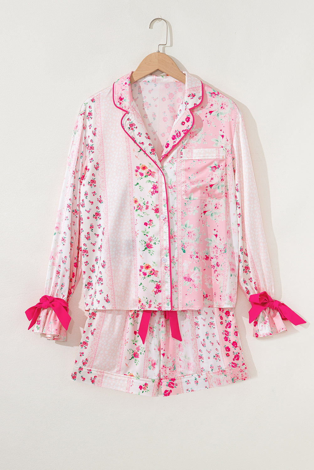 KaleaBoutique Comfortable Mixed Floral Print Contrast Piping Trim Satin Tie 2pcs Pajama Set - KaleaBoutique.com