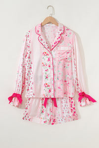 KaleaBoutique Comfortable Mixed Floral Print Contrast Piping Trim Satin Tie 2pcs Pajama Set - KaleaBoutique.com