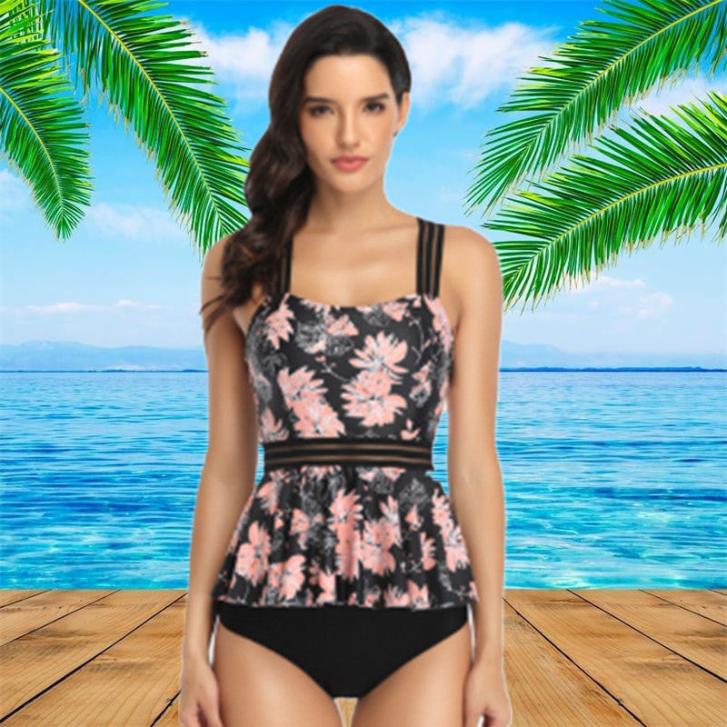 Women's Peplum Swim Top and Briefs 2 PC Tankini Set - KaleaBoutique.com