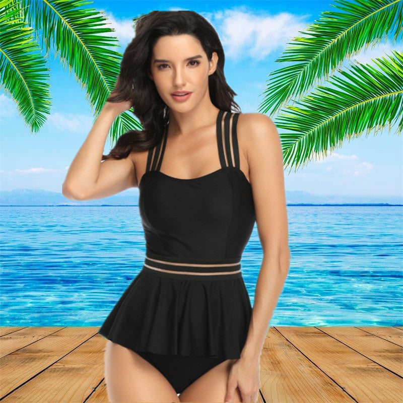 Women's Peplum Swim Top and Briefs 2 PC Tankini Set - KaleaBoutique.com