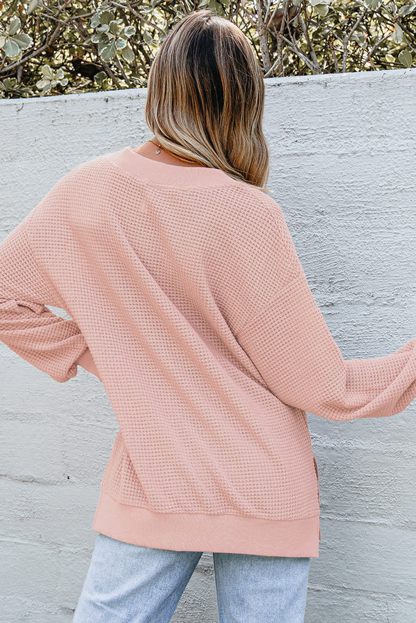 Thermal V Neck Relaxed Long Sleeve Knit Top - KaleaBoutique.com