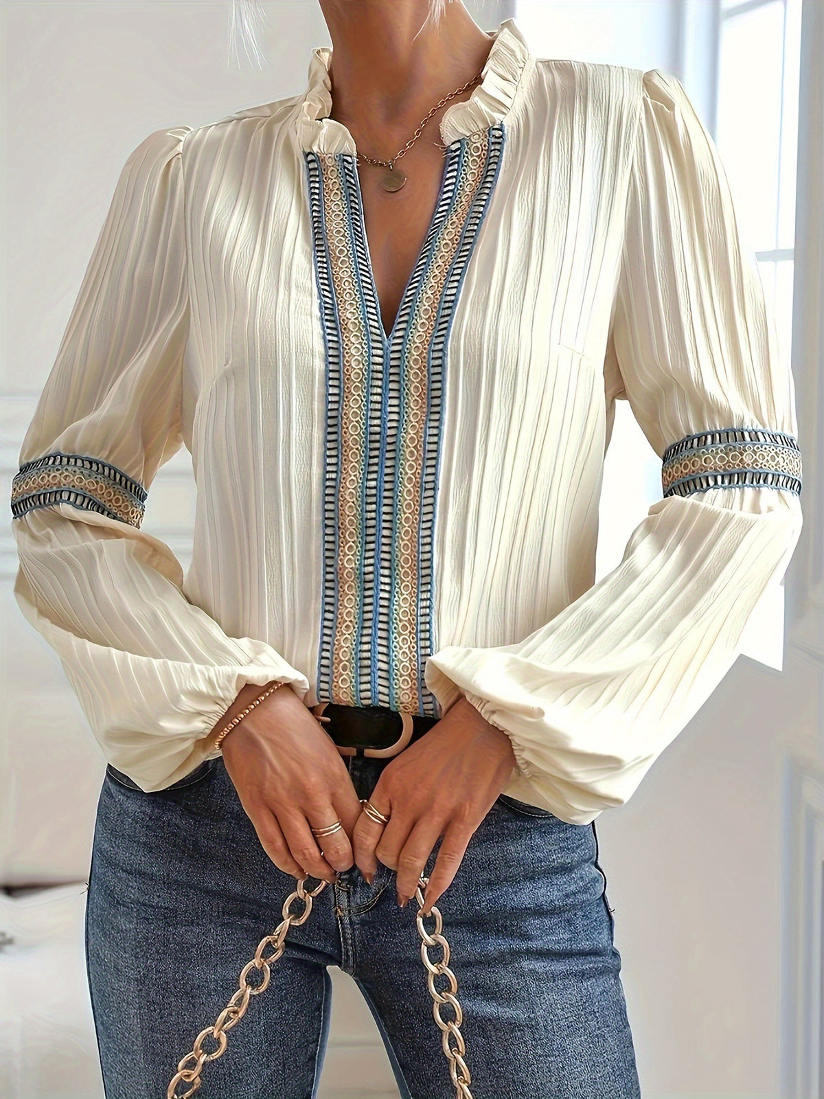 Simple Plain Lace V-neck Patchwork Shirt - KaleaBoutique.com