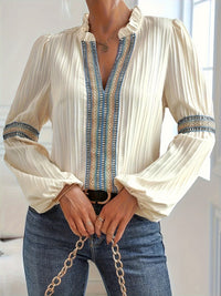 Simple Plain Lace V-neck Patchwork Shirt - KaleaBoutique.com