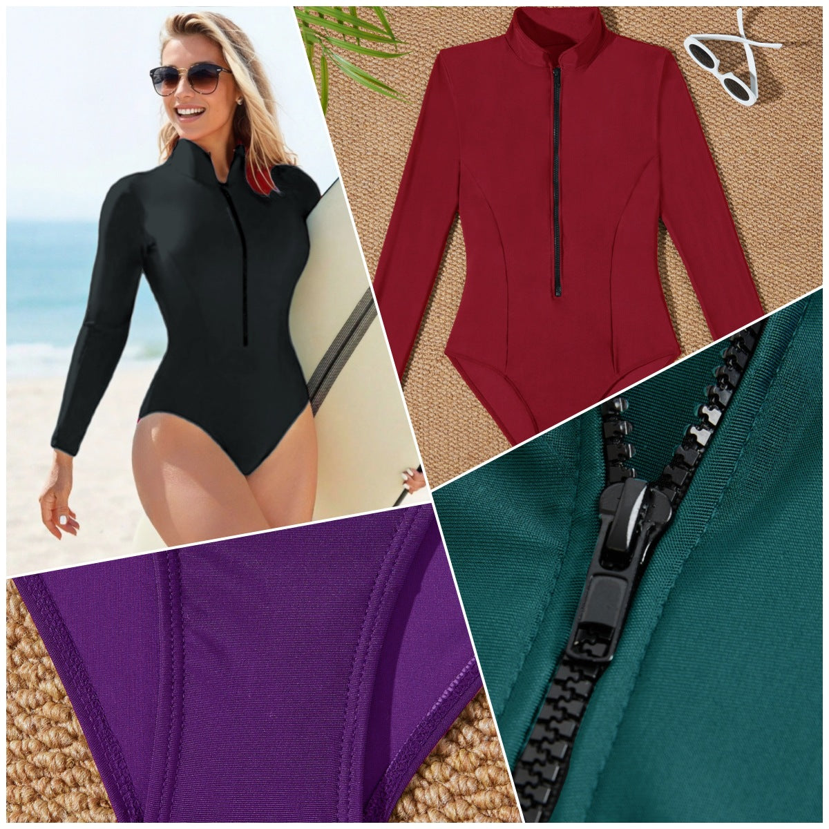 Women High-Neck Long-Sleeve Zip-Front One-Piece Swimsuit - KaleaBoutique.com