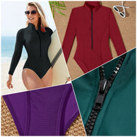 Women High-Neck Long-Sleeve Zip-Front One-Piece Swimsuit - KaleaBoutique.com